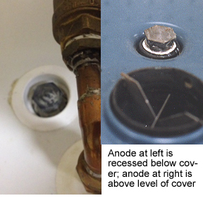A hex anode is exposed on top of a water heater, right, and recessed, left