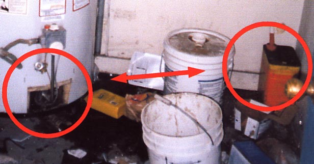Gasoline is stored in a closet near a water heater with open pilot