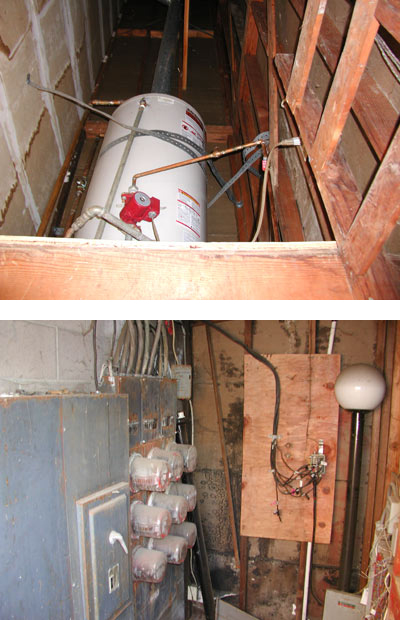Top, bottom view of water heater closet where the tank is on a platform with little room to get it in or out