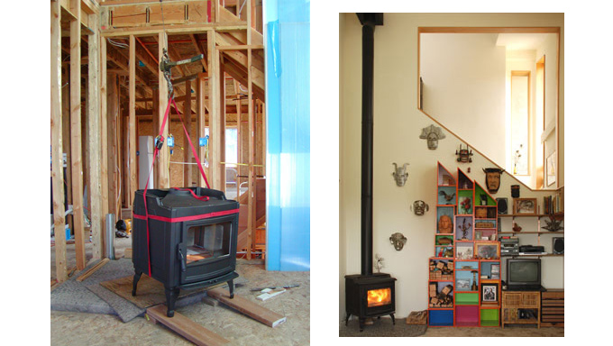 Wood stove drops into place, left; finished result, right