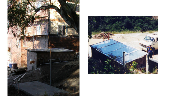 At left, the House on Hummingbird Hill under construction, at right, a power room with a glass roof